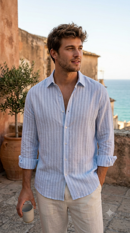Shirt Fabric Raymond Linen Cotton Vertical Stripe Colour Powder Blue