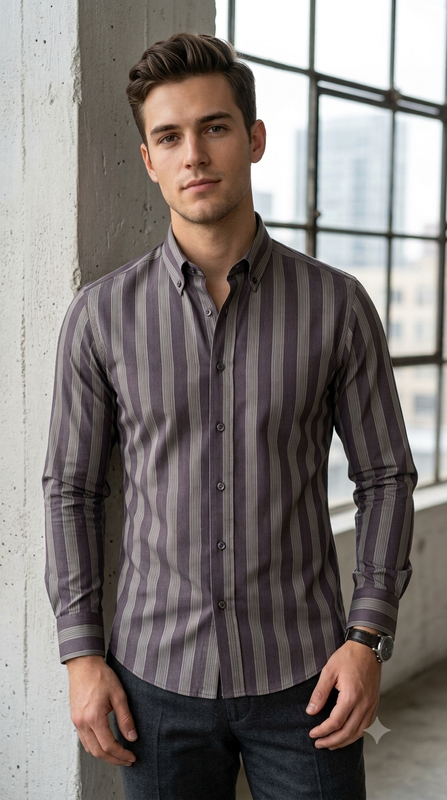 Shirt Fabric Soktas Finest 80s Giza Cotton Pencil Stripe Colour Dusty Brown N Plum