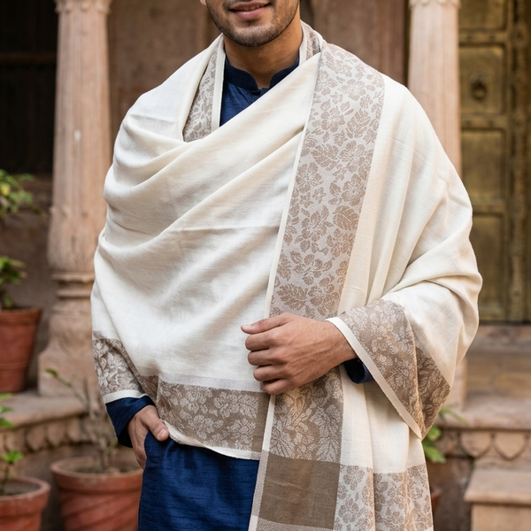 Raymond Paras Warm Shawl Lohi Kashmiri Jacquard Color Ash Cream