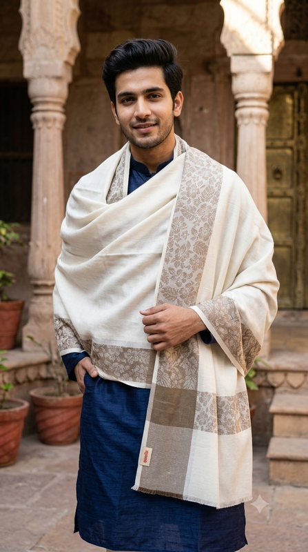 Raymond Paras Warm Shawl Lohi Kashmiri Jacquard Color Ash Cream