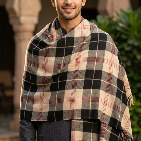 Raymond Paras Warm Shawl Lohi Tartan Plaid Check  Color Black,Maroon N Dusty Brown