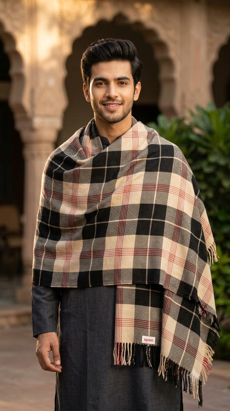 Raymond Paras Warm Shawl Lohi Tartan Plaid Check  Color Black,Maroon N Dusty Brown