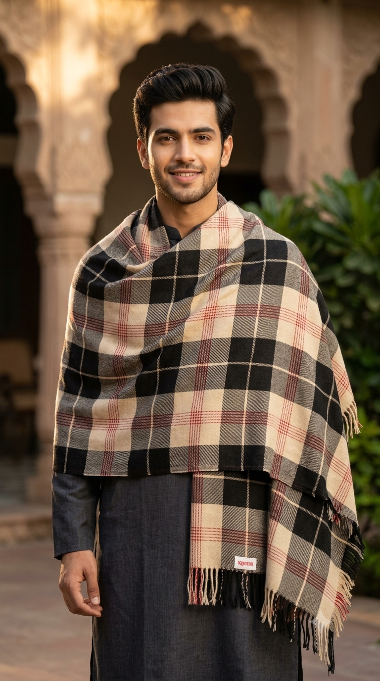 Raymond Paras Warm Shawl Lohi Tartan Plaid Check  Color Black,Maroon N Dusty Brown
