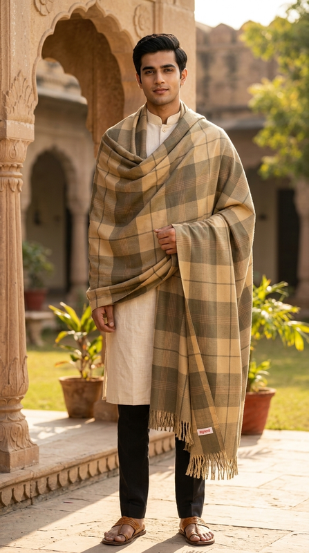Raymond Paras Warm Shawl Lohi Tartan Plaid Check  Color Muted Beige N Grey