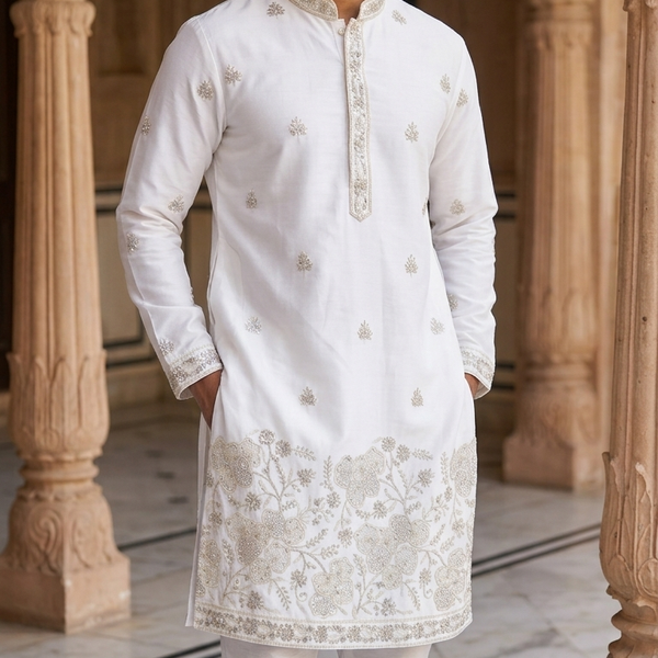Kurta Fabric ManTire Designer Silk beads work,cutdana,sequins,and thread Embroidery Colour White