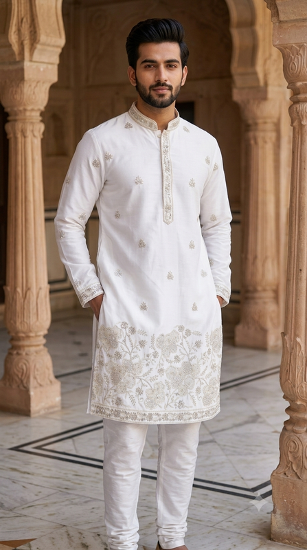 Kurta Fabric ManTire Designer Silk beads work,cutdana,sequins,and thread Embroidery Colour White