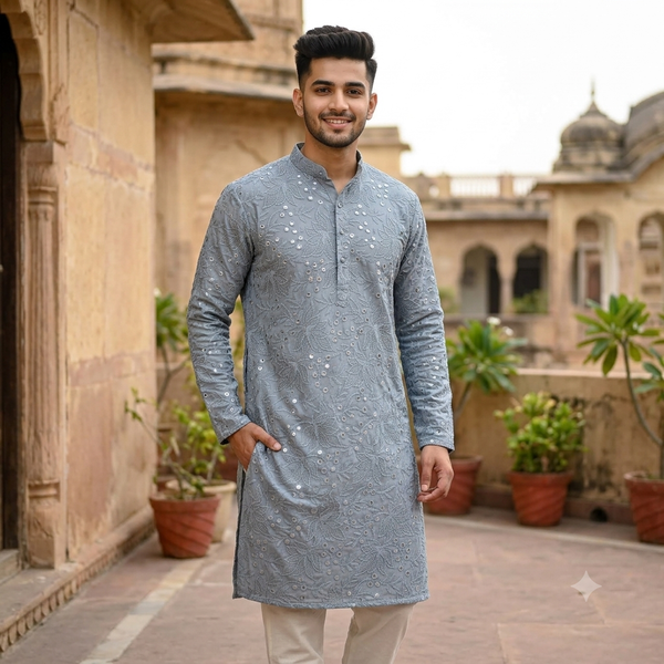 Kurta Fabric ManTire Designer Silk Chikankari Lucknowi Colour Bluish Silver Grey