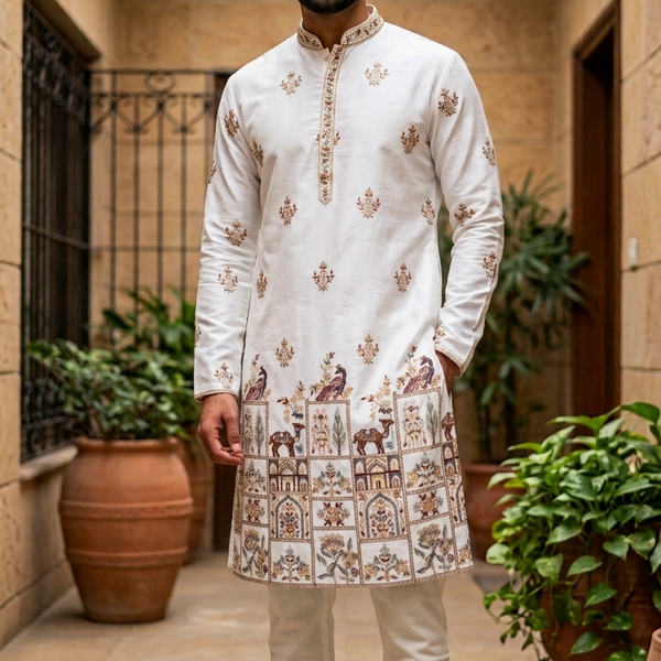 Kurta Fabric ManTire Designer Silk Rajasthani Royal Embroidery Colour Dusty Pink, Sage Green, Maroon N Off White