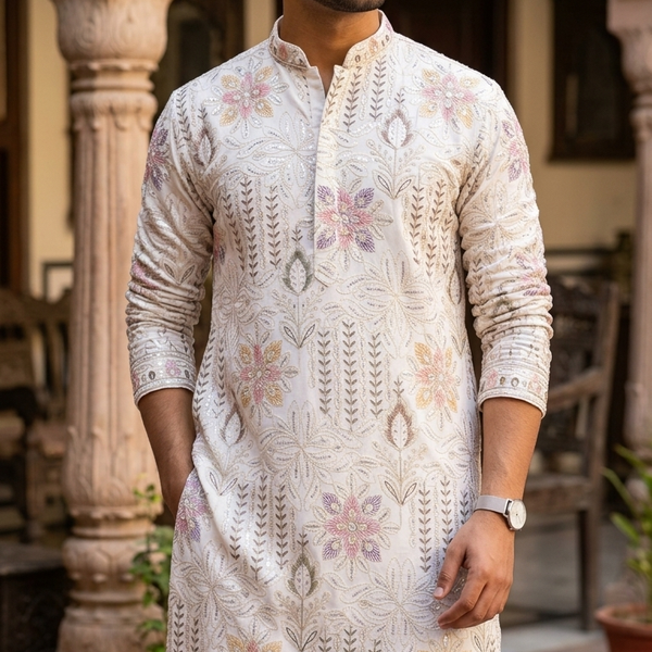 Kurta Fabric ManTire Designer Silk Chikankari Lucknowi Embroidery Colour Pastel Pink, Lavender Purple N Off White