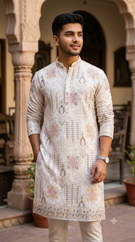 Kurta Fabric ManTire Designer Silk Chikankari Lucknowi Embroidery Colour Pastel Pink, Lavender Purple N Off White