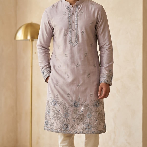 Kurta Fabric ManTire Designer Silk Resham Work Embroidery Colour Dusty Pink