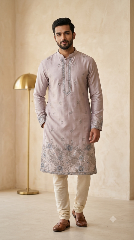 Kurta Fabric ManTire Designer Silk Resham Work Embroidery Colour Dusty Pink