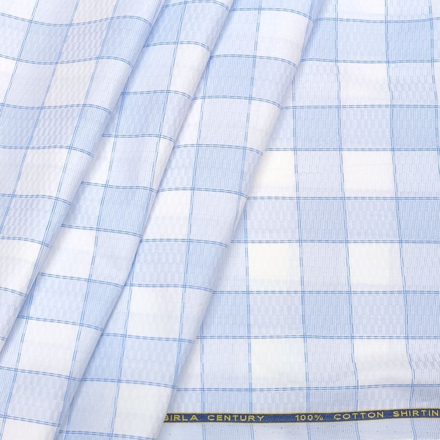Birla Century 100% Cotton Premium Giza cotton check Shirt Fabric Colour Light Blue