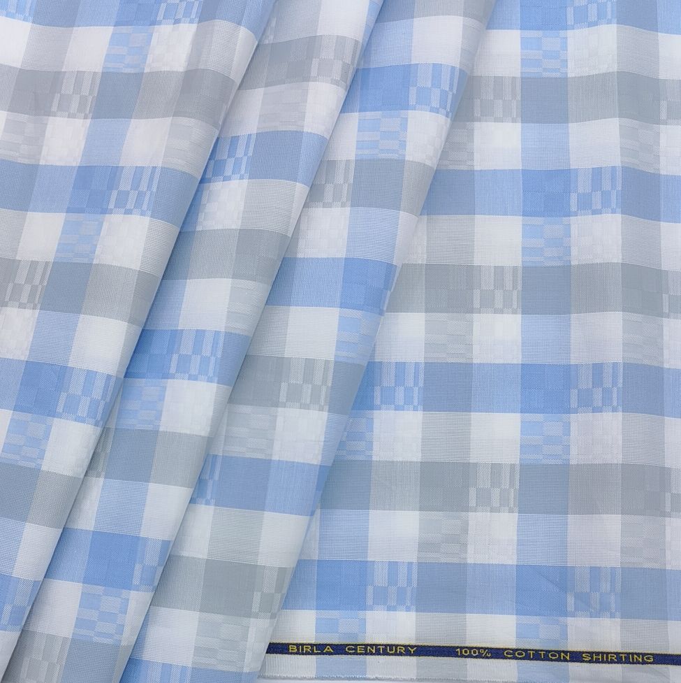 Birla Century Pure cotton light blue formal check shirt fabric