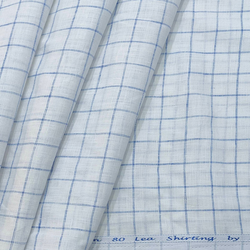 Solino Men's 80 LEA Pure Linen Check Shirt n Kurta Fabric Colour White n blue