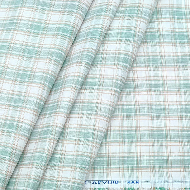 Shirt Fabric Arvind Polycotton Wrinkle Free Check Colour Sea Green