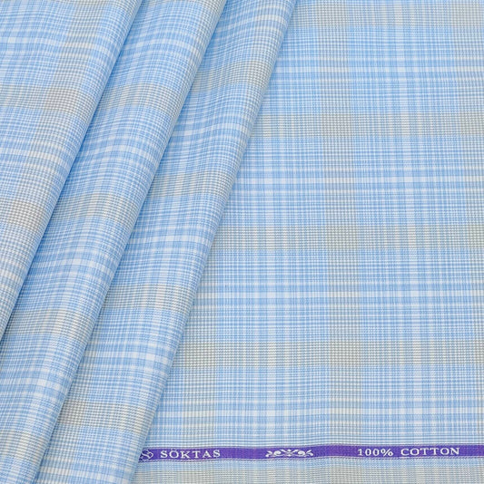 Shirt Fabric Soktas Giza Cotton Check Colour Light Blue