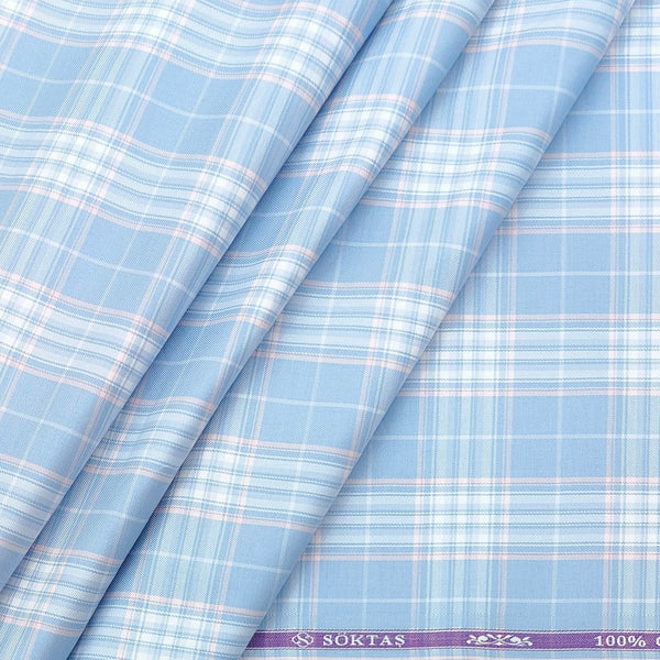 Shirt Fabric Soktas 100% Cotton Broad Check Colour Light Blue