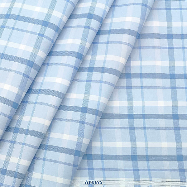 Shirt Fabric Arvind Cotton Blended Check Colour Pastel Blue