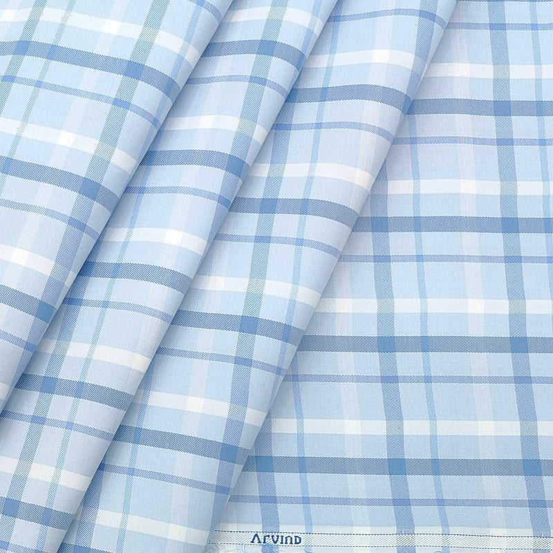 Shirt Fabric Arvind Cotton Blended Check Colour Pastel Blue