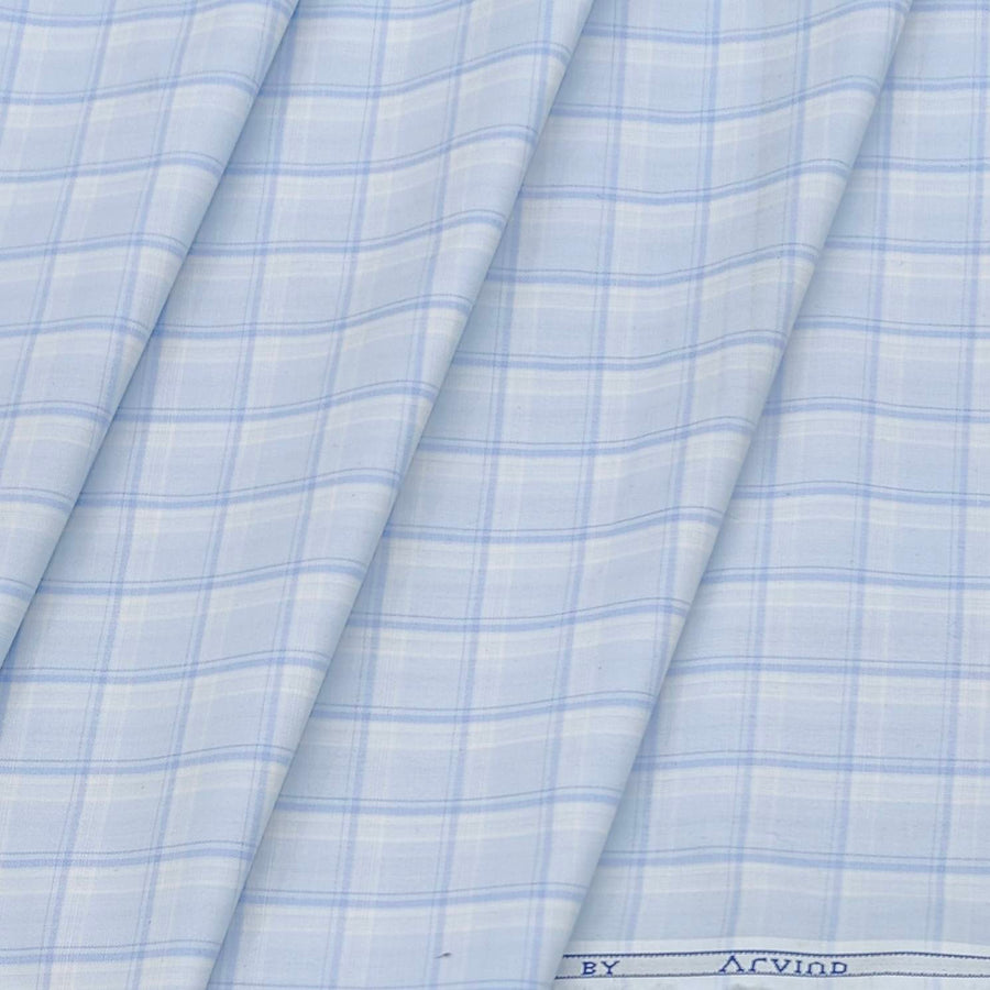 Shirt Fabric Arvind Cotton Blended Check Colour Light Blue