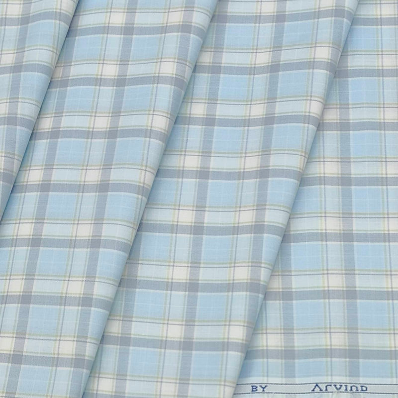 Shirt Fabric Arvind Cotton Blended Check Colour Sky Blue N Light Green