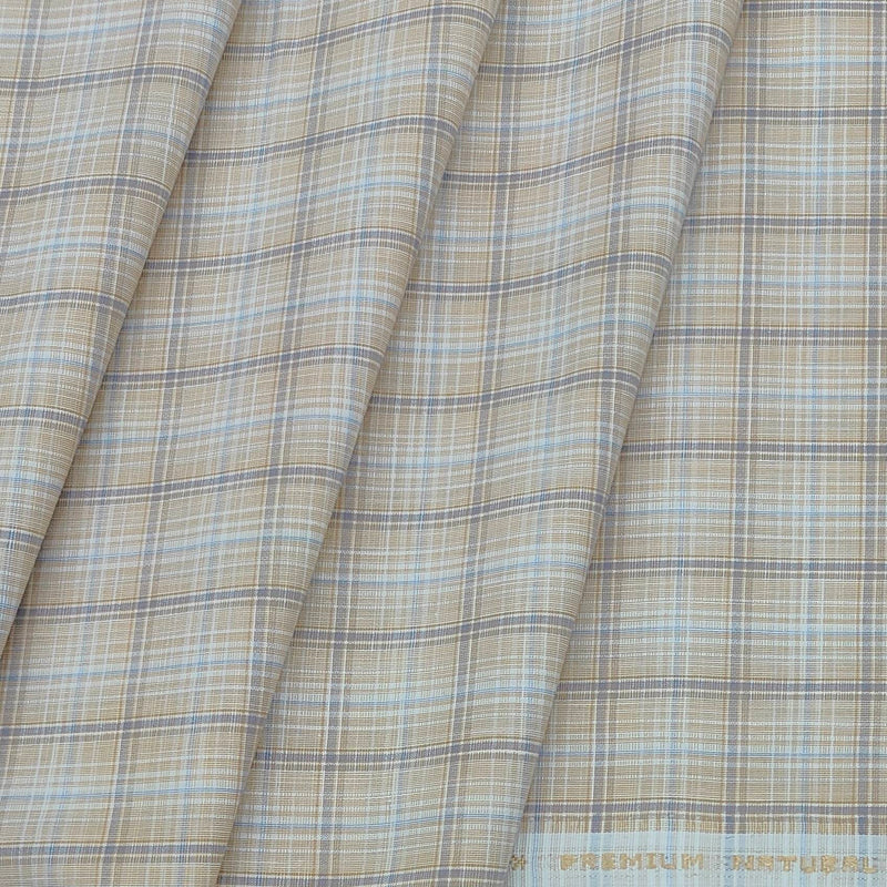 Shirt Fabric ManTire Poly Cotton Wrinkle Free Check Colour Sand N Light Blue