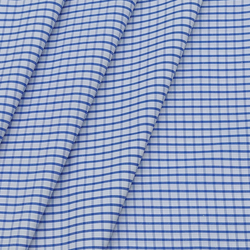Shirt Fabric ManTire Poly Cotton Wrinkle Free Formal Small Check Colour White N Admiral Blue