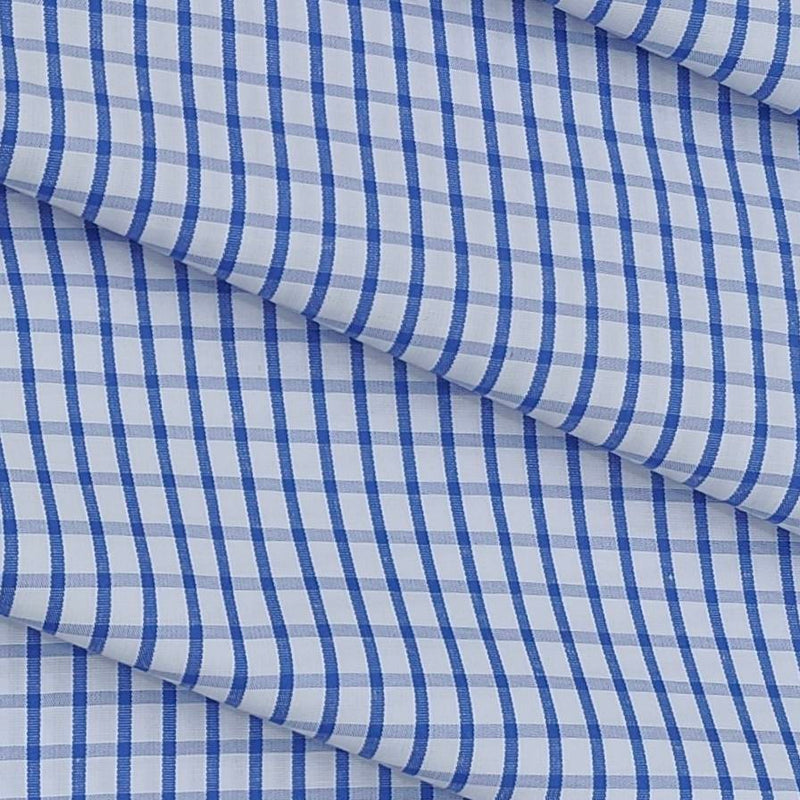 Shirt Fabric ManTire Poly Cotton Wrinkle Free Formal Small Check Colour White N Admiral Blue
