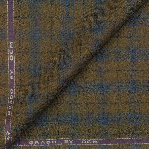 Tweed Blazer Fabric OCM 100% Wool Check Colour Golden Brown N light Blue