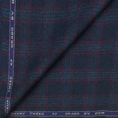 Tweed Blazer Fabric OCM Wool Blended Check Colour Indigo Blue N Rose Red
