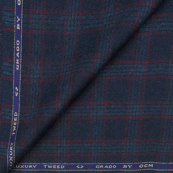 Tweed Blazer Fabric OCM Wool Blended Check Colour Indigo Blue N Rose Red