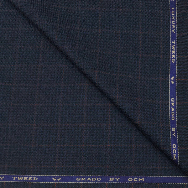 Tweed Blazer Fabric OCM Wool Blended Check Colour Denim Blue N Reddish Brown