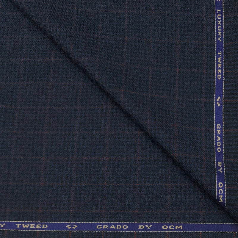 Tweed Blazer Fabric OCM Wool Blended Check Colour Denim Blue N Reddish Brown