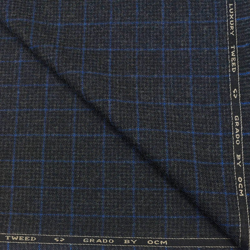 Tweed Blazer Fabric OCM Wool Blended Check Colour Charcoal Grey N Blue