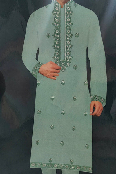 Kurta Pajama Fabric ManTire Designer Silk Embroidery Colour Pistachio Green