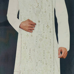 Kurta Pajama Fabric ManTire Designer Silk Embroidery Colour Ash White