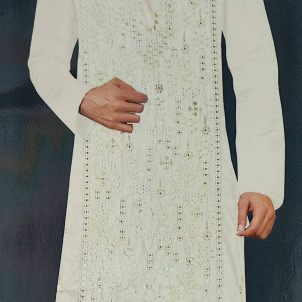 Kurta Pajama Fabric ManTire Designer Silk Embroidery Colour Ash White