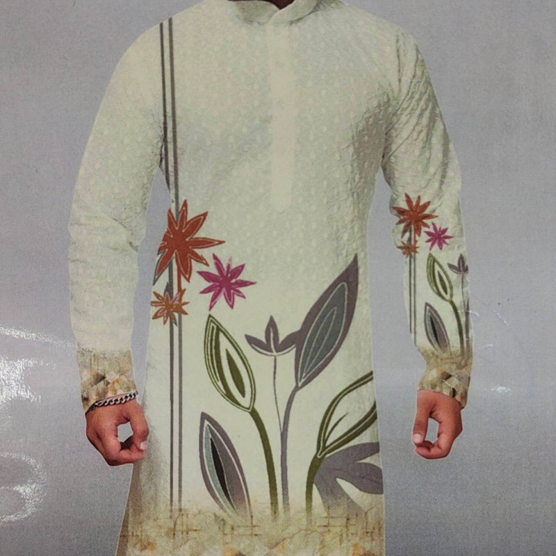 Kurta Fabric ManTire Designer PV Printed Colour Cream