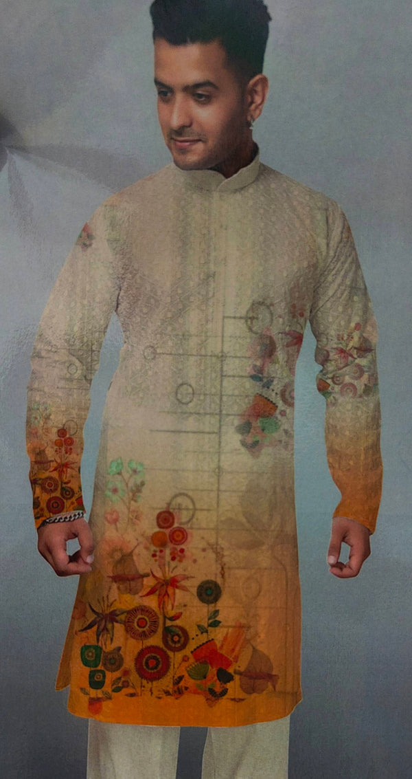Kurta Fabric ManTire Designer PV Printed Colour Peach N Orange