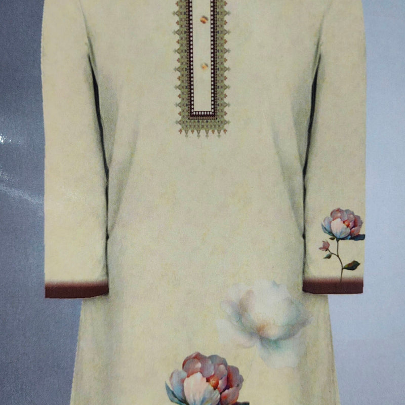 Kurta Fabric ManTire Designer PV Printed Colour Yellow N Cream
