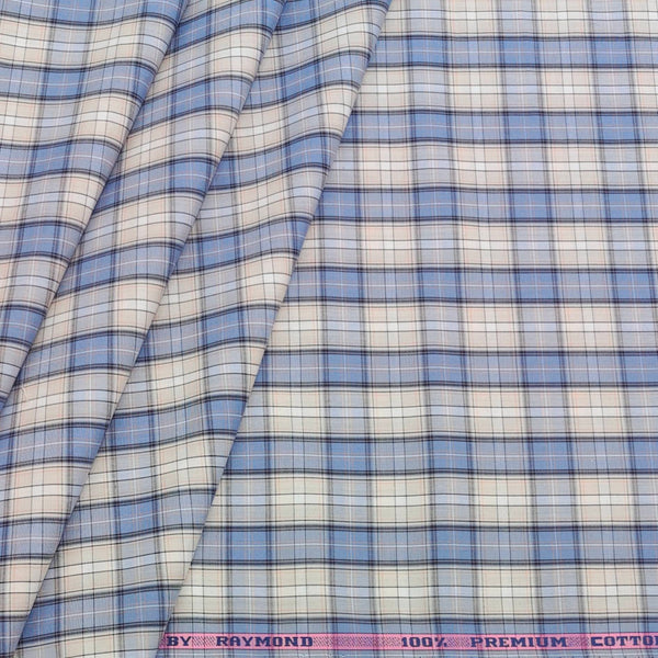Shirt Fabric Raymond 100% Cotton Mix Check Colour Blue N Light Beige
