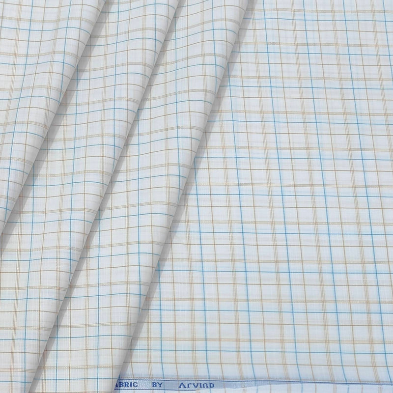Shirt Fabric Arvind Cotton Blended Check Colour Firozi N Light Brown