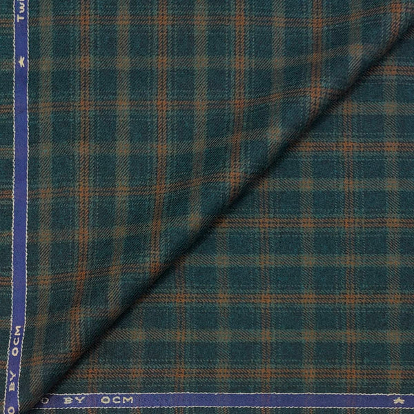Tweed Blazer Faric OCM Wool Blended Broad Check Colour Teal Brown N Olive Green