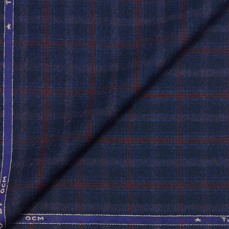 Tweed Blazer Faric OCM Wool Blended Check Colour Admiral Blue N Cherry Red