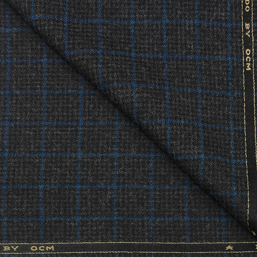 Tweed Blazer Fabric OCM Wool Blended Broad Check Colour Blue N Dark Grey