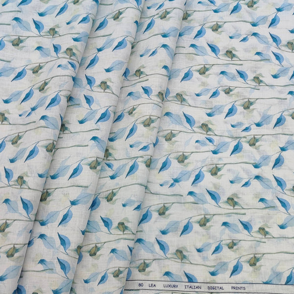 Shirt Fabric ManTire 100% Cotton Premium Linen Look Digital Print Colour Blue N Light Green