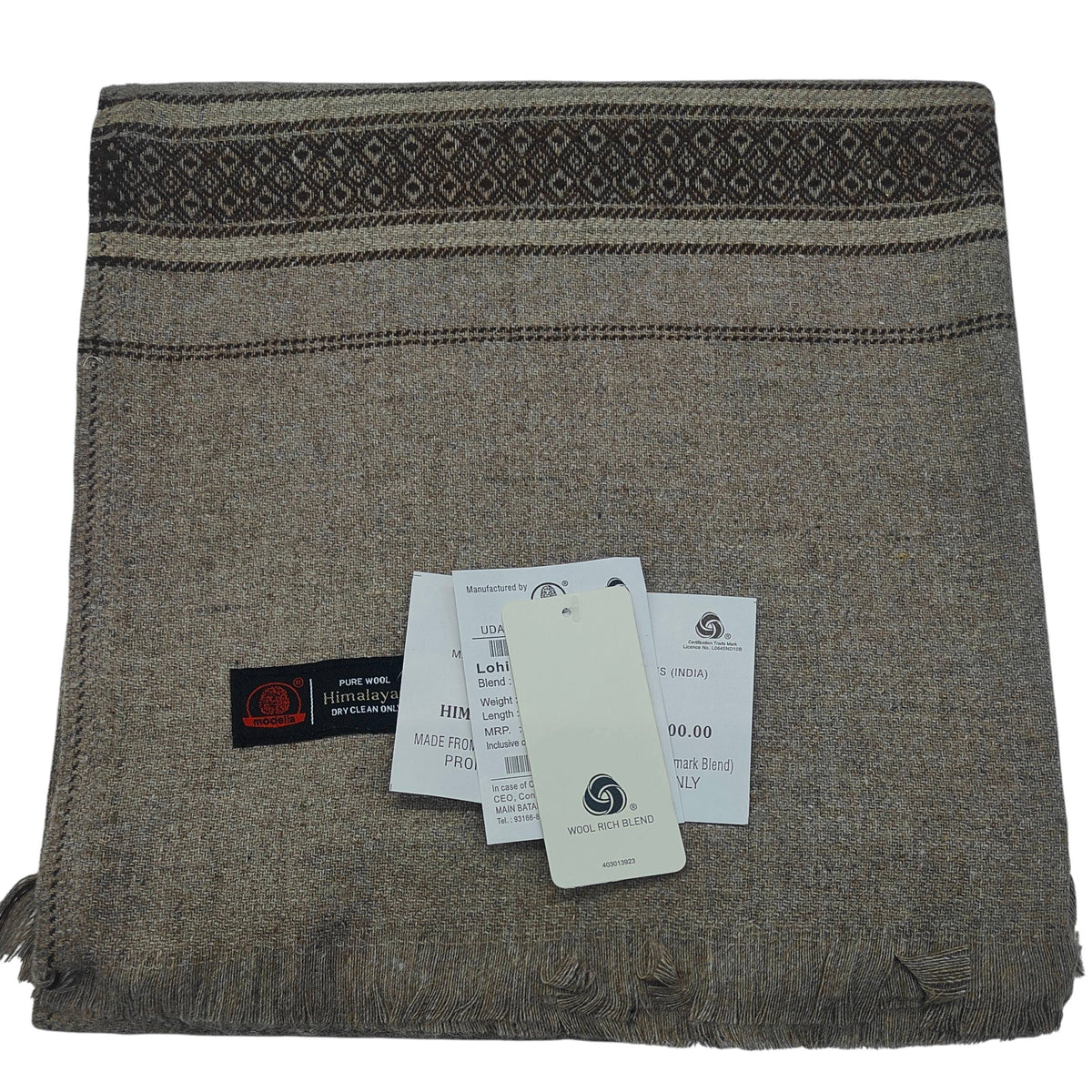 Modella Woollen Thick Shawl Lohi Himalyan With Border Colour Sand Brown