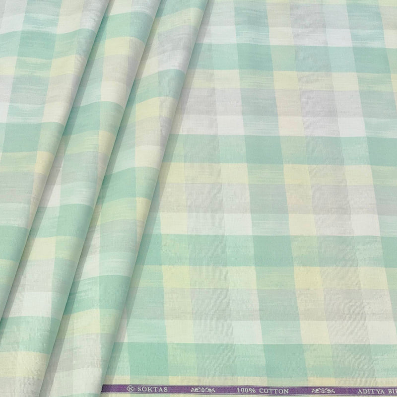 Shirt Fabric Soktas Finest Giza Cotton Check Colour Mint Green N Silver