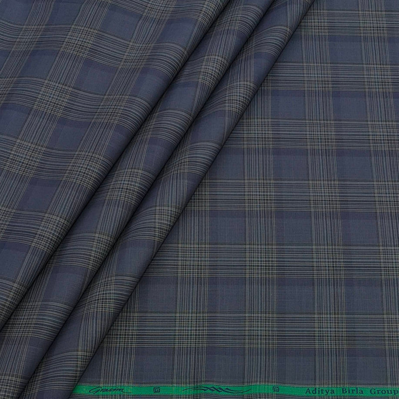 Shirt Fabric Grasim 100% Cotton Check Colour Grey N Blue
